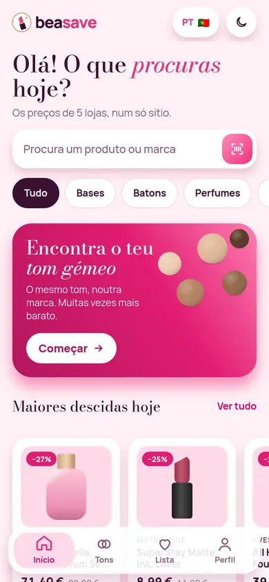 Ecrã inicial da app BeaSave