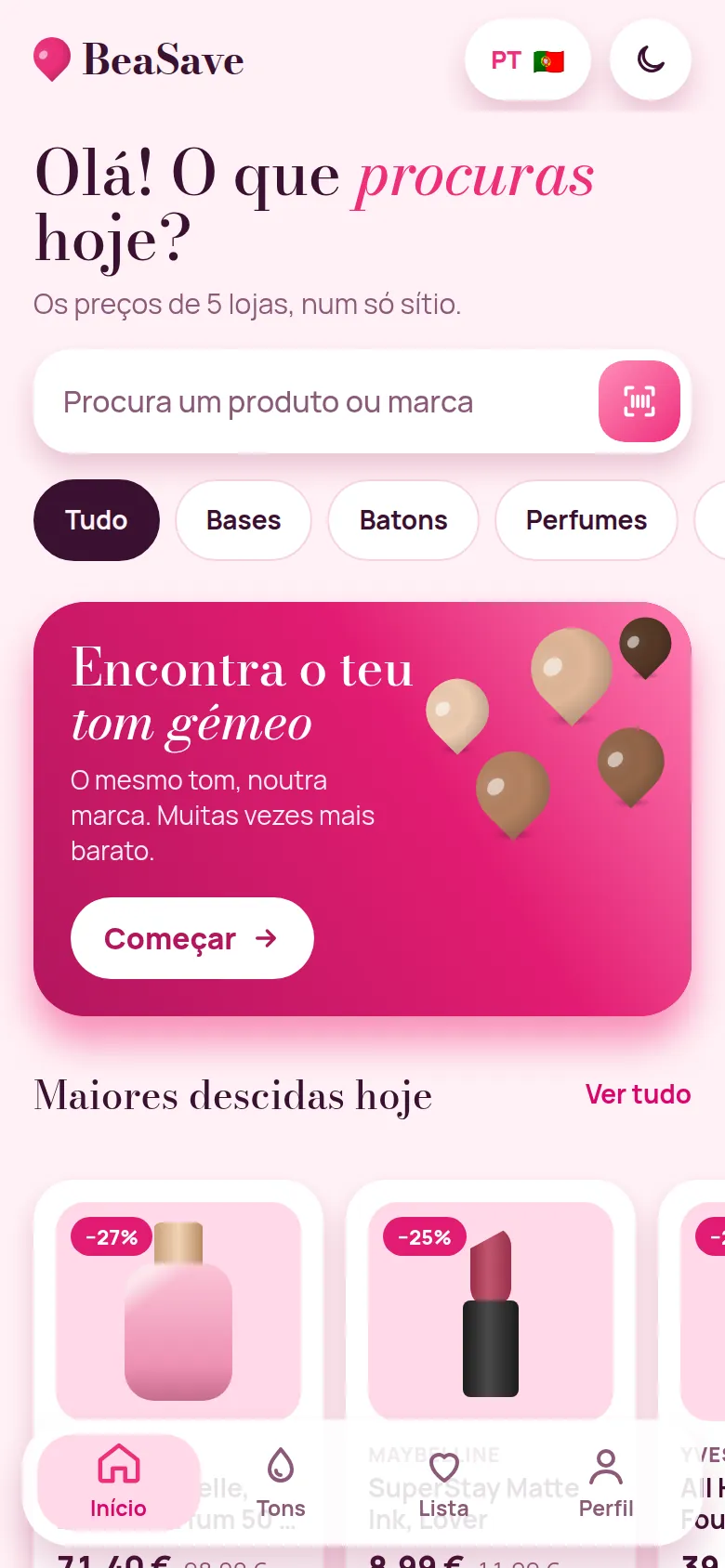 Tela inicial do app BeaSave