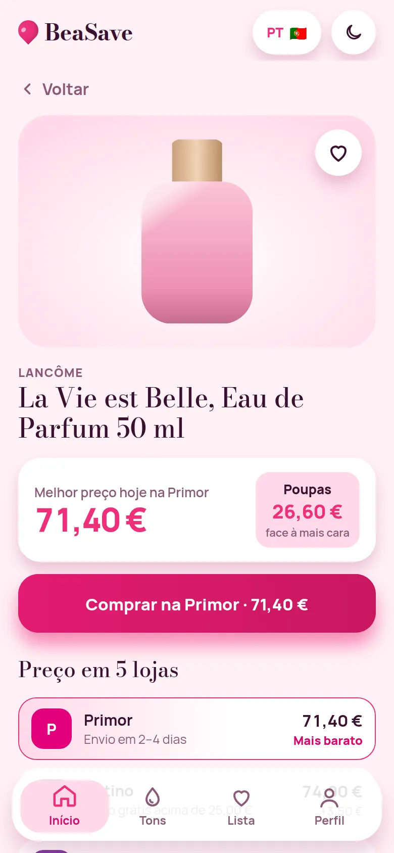 Página de produto com o preço em várias lojas